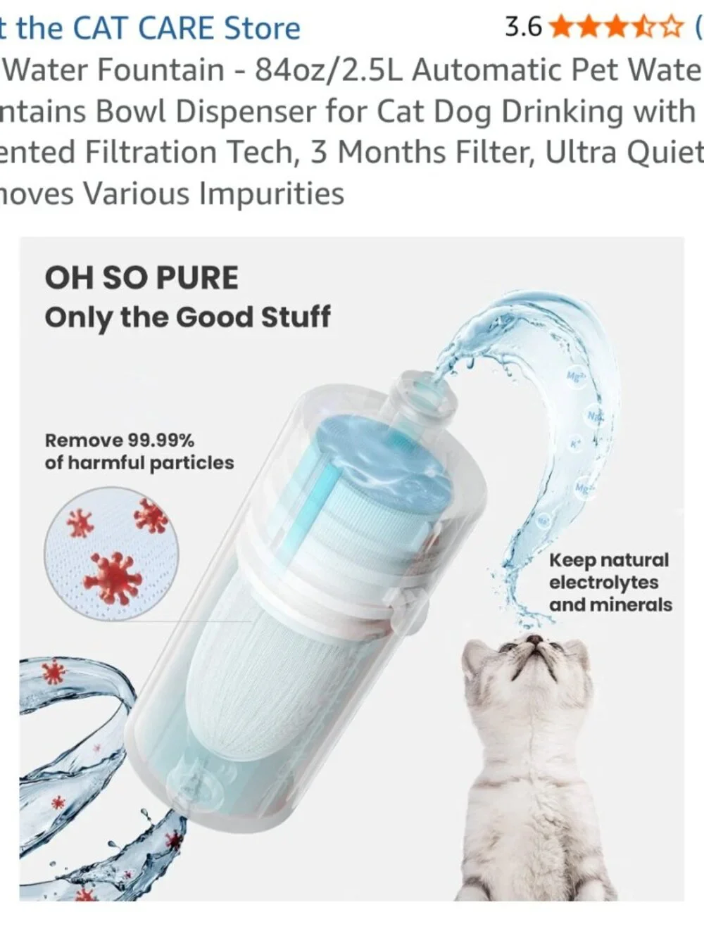 CAT CARE Pet Water Fountain, 84oz/2.5L Capacity, Includes 4x Filters USED DISCON